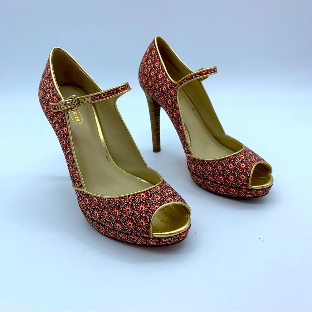 Coach Red and Gold Patterned Heels